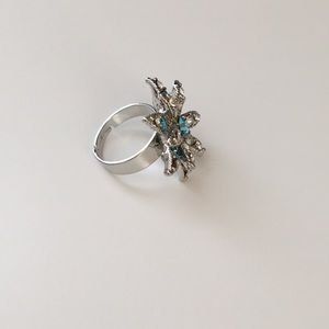 Flower Ring with Light Blue & White Rhinestones